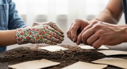 Obraz premium Hands planting seeds in soil: gardening activity with floral gloves