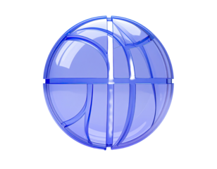 Translucent,  purple-blue sphere,  basketball-style design