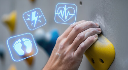 Close-up of a hand gripping a yellow climbing hold on a rock wall, with digital icons representing fitness metrics, showcasing the blend of physical activity and technology in climbing