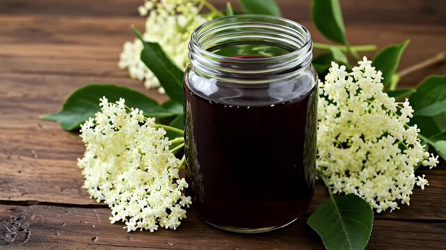 A glass jar of homemade elderberry syrup surrounded by fresh elderflower blossoms on a rustic wooden table.