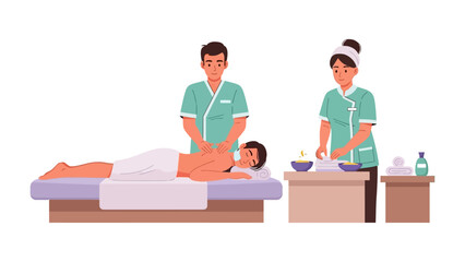 Two professional therapists in green uniforms providing a relaxing massage and spa treatment to a person lying on a massage table