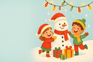 Fototapeta premium Cartoon kids with snowman Christmas festive holiday illustration with gifts lights and decorations New Year joyful background design