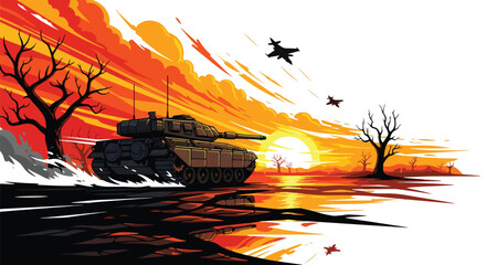 Vector art of a tank and fighter jets moving through a barren landscape at sunset, symbolizing the destruction of war and promoting an anti-war message with a dramatic scene