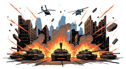 Vector art of tanks and helicopters in a burning city with explosions and collapsing buildings, symbolizing the devastation of war and a strong anti-war message against violence and destruction