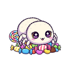 A charming and fluffy baby spider character with big kawaii eyes sitting on a pile of colorful candy and lollipops, isolated on a white background