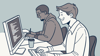 Two colleagues collaborating on a computer project working together at a desk.