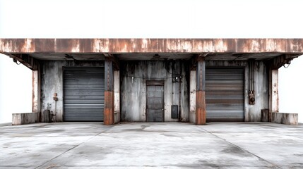 Fototapeta premium An empty wooden barn and an abandoned house with a derelict corridor under a desolate sky