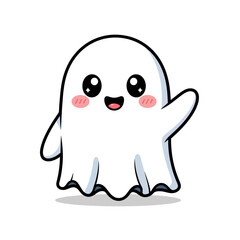 Fototapeta premium Cute cartoon ghost character waving hello with a happy smile. Adorable friendly phantom mascot for Halloween isolated on white background