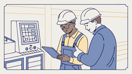 Two Engineers Collaborating on a Tablet at an Industrial Control Panel.