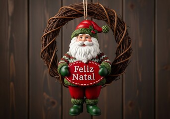 Santa claus ornament with feliz natal sign hanging on a wreath