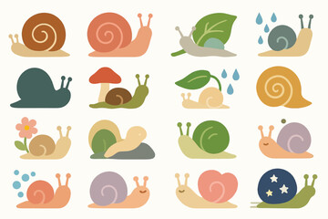 Cute Cartoon Snail Clipart Set Kawaii Nature Insects Vector Illustration