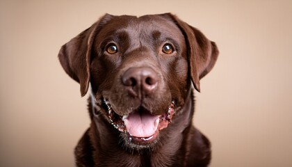 Fototapeta premium friendly chocolate labrador retriever smiling joyously against a neutral background indoors generative ai