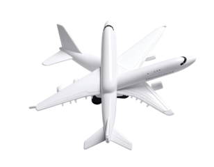 A white airplane model, stylized as interconnected,  wings and fuselage in a starburst