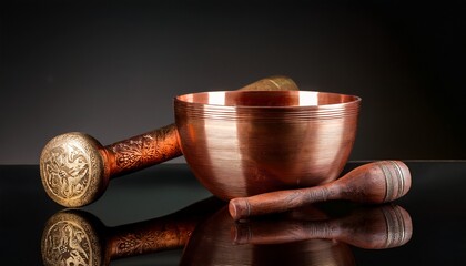 antique copper bowl and mallet resting on a reflective surface
