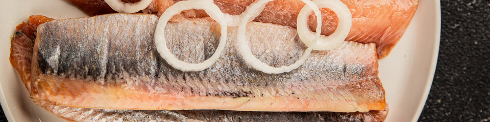 Herring fillet fish fresh seafood portion size natural product tasty snack fresh delicious gourmet food background on the table rustic top view copy space pescetarian diet