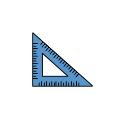 Blue triangle ruler sits on white surface, ready for measuring and drafting in a school or office setting, symbolizing precision and geometry.
