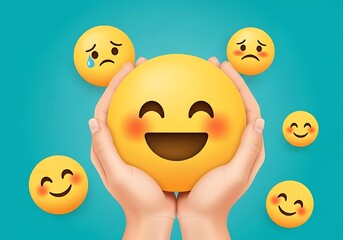 Hands holding a happy emoji surrounded by other sad and happy emojis
