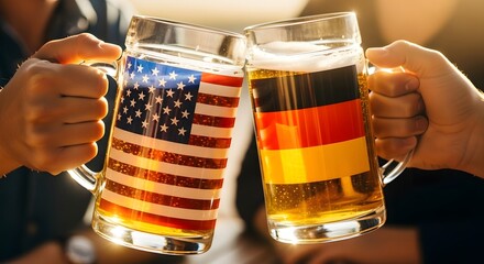 Two beer mugs clinking, one with the American flag and the other with the German flag.