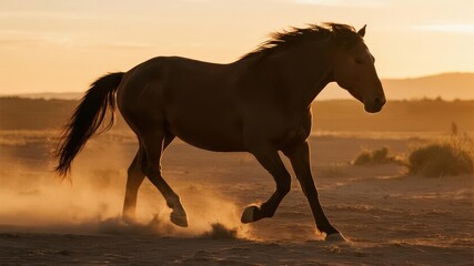 Majestic Horses Traversing Golden Desert Dust Under Warm Sunset, Capturing Dynamic Movement and Freedom