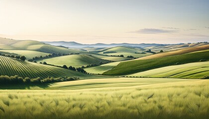 Fototapeta premium serene landscape sketch of distant hills and farmland with crops