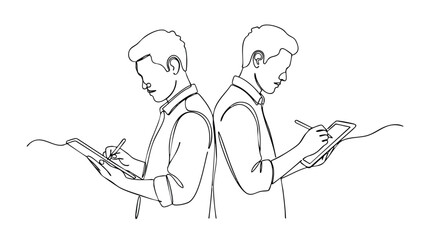Two men are depicted in a continuous line drawing, each writing on a tablet.
