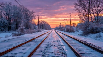 Fototapeta premium Snow covered railroad tracks lead towards a vibrant sunset with trees lining the path