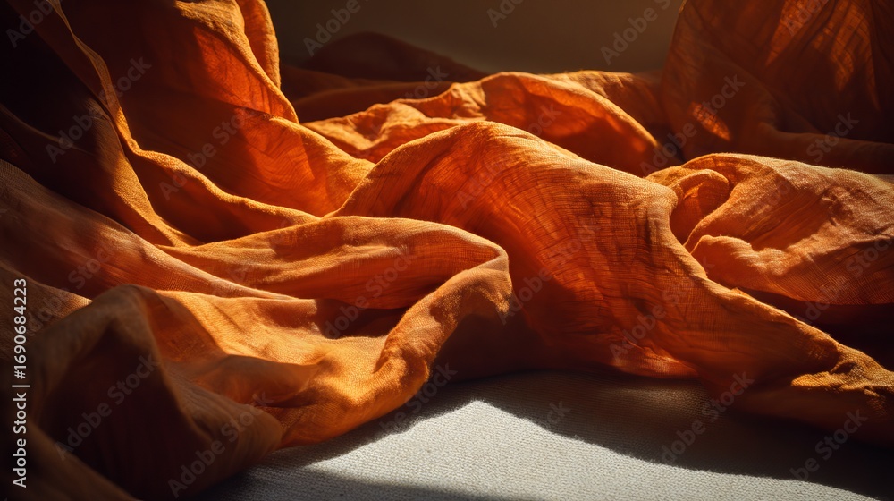 Poster warm amber fabric folds catch soft light creating a luxurious textured backdrop