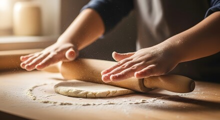 Person rolling dough with a rolling pin on a wooden surface.