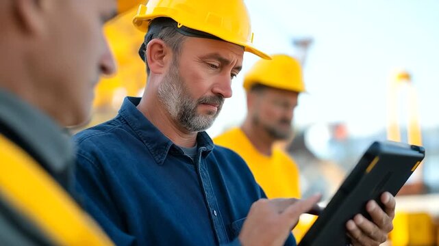 Construction Workers Review Safety Protocols on Tablets &ndash; industrialized construction building industry
