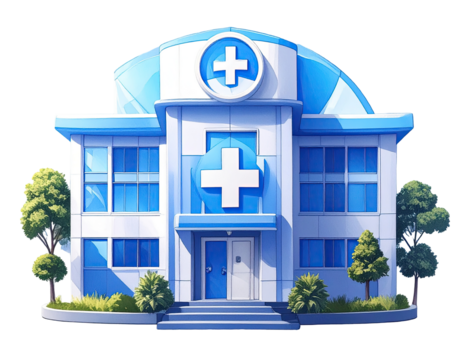 Modern hospital building, light blue and white facade