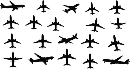 Black airplane silhouette collection showing multiple aircraft views in various flying angles, perfect aviation vector design for travel, transport, flight.