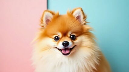 Fototapeta premium Pomeranian Dog Portrait Mockup – Cute Fluffy Puppy on Pastel Background