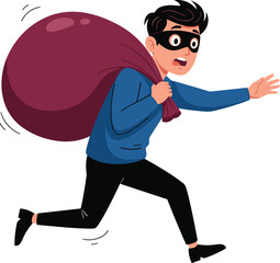 Cartoon thief running with stolen bag, burglar escaping crime scene, masked man stealing, robbery illustration, criminal character vector, outlaw in action.