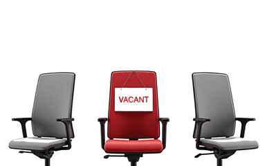 Fototapeta premium Conceptual image of recruitment and hiring, showing three office chairs with a red one in the center featuring a vacant sign for an open position