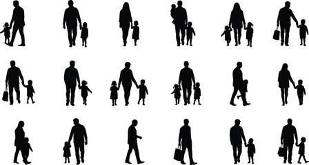 Black family silhouette collection of parents with children walking together, holding hands, carrying kids, vector design for lifestyle, parenting, love.