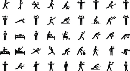 Black fitness exercise silhouette collection of people working out with dumbbells, stretching, running, training vector illustration for health, sport, gym design.