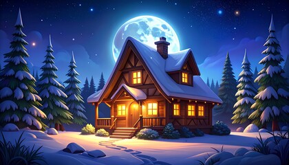 Fototapeta premium A cartoon illustration of a decorated house and a Christmas tree in winter in the forest.