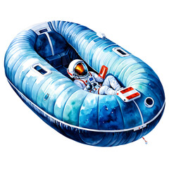 Astronaut in blue inflatable raft watercolor