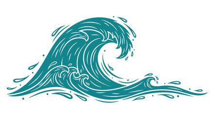 A stylized illustration of a large, powerful ocean wave crashing with white foam and spray against a white background.