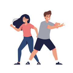 Dynamic flat illustration of a cheerful young man and woman actively posing, conveying a vibrant and energetic lifestyle together with happiness and fun