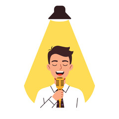 A Man Singing into a Microphone, Illuminated by a Spotlight, Creating a Performance