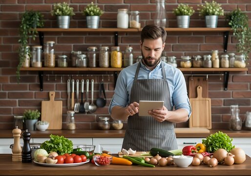 Man using tablet in kitchen with fresh ingredients on counter - Powered by Adobe