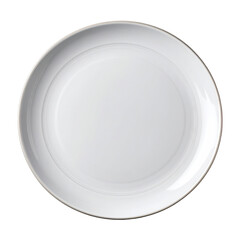 Empty round white dinner plate with subtle raised concentric rings and a thin, light gray rim