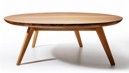 modern round wooden table with three angled legs on white background
