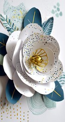 A detailed, layered paper flower design, with delicate teal and sage green leaves, features white petals adorned with gold dots, creating a beautiful and artistic arrangement.