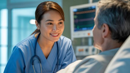 Smiling female healthcare worker in scrubs speaks warmly with an older male patient at his hospital bedside, with medical monitors visible in the background.