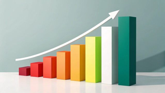 Colorful 3d bar graph showing upward trend with arrow