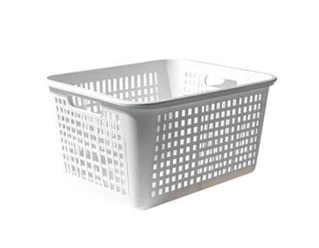 White plastic laundry hamper with a perforated, grid pattern