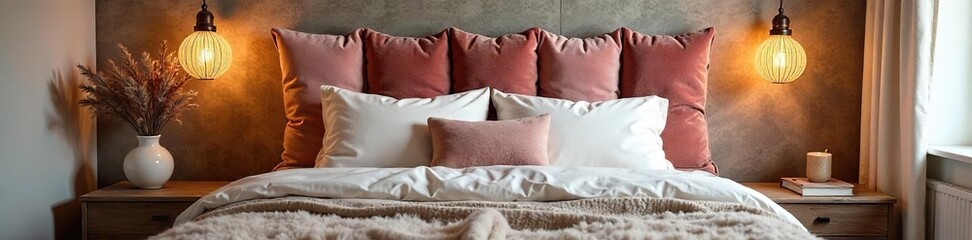 Cozy bedroom featuring a headboard made entirely of plush cushions, offering a unique and comfortable design element  Perfect for a bohemian or eclectic interior ,  calm,  support,  snug