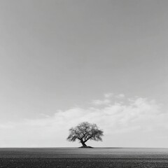 Obraz premium Solitary Tree in Expansive Landscape Under Soft Cloudy Sky